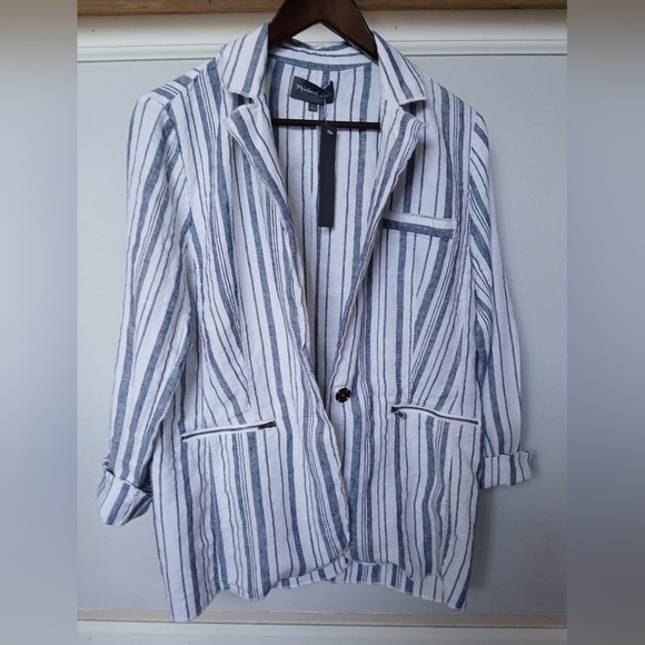 NWT Michael Stars Ruth Stripe linen blazer in gray. Size L - Picture 3 of 6